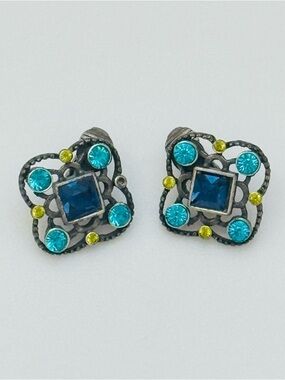Blue and Teal Crystal Clip On Earrings - Women's Fashion Jewelry